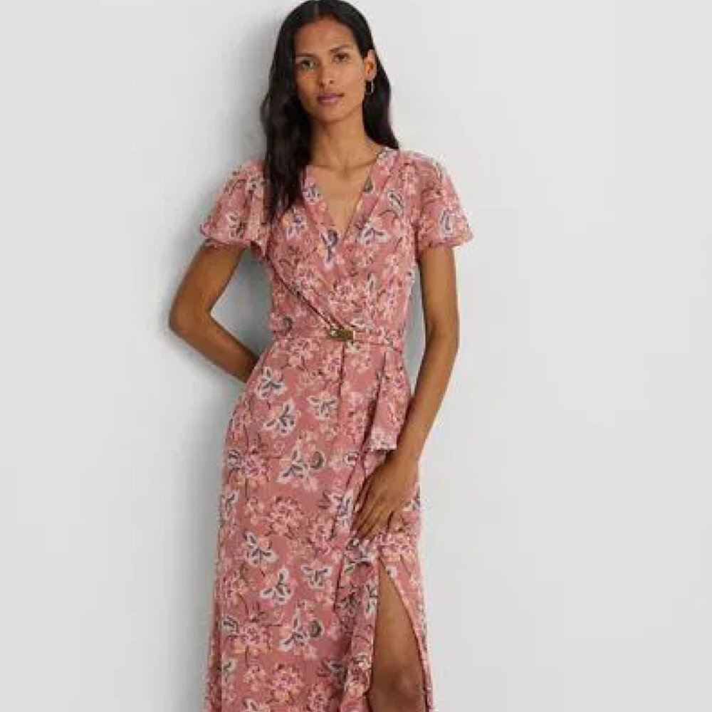 Pink Floral Wrap Dress Lauren by Ralph Lauren- Like new, no belt